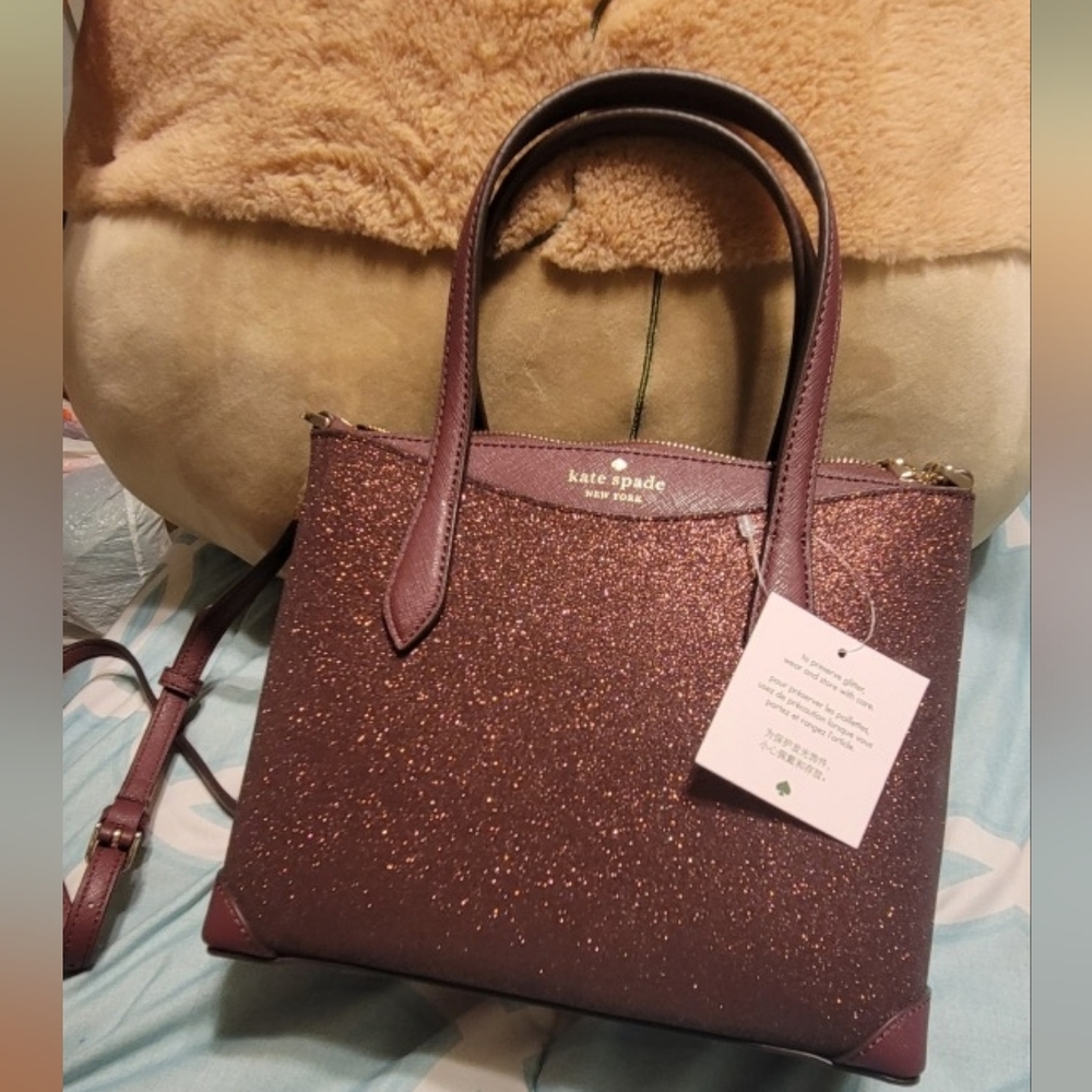 Kate Spade Glitter Burgundy Tote with Dual Handles and Crossbody Strap